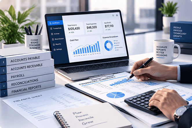 Tax documents and a calculator laid out for bookkeeping review