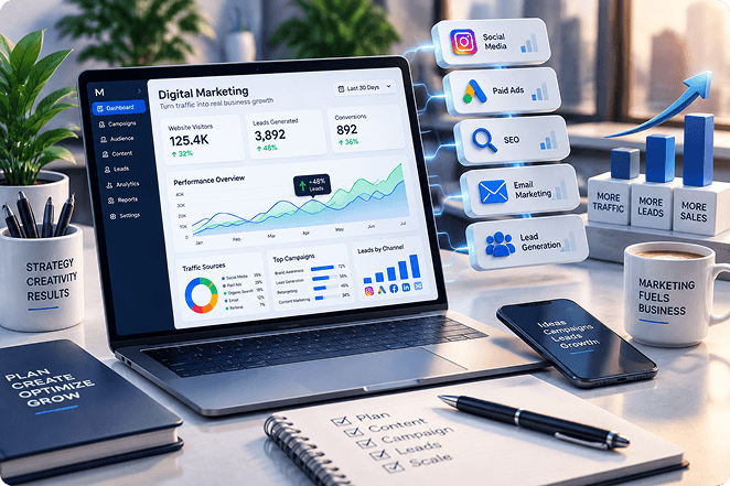 Laptop displaying a marketing analytics dashboard with charts